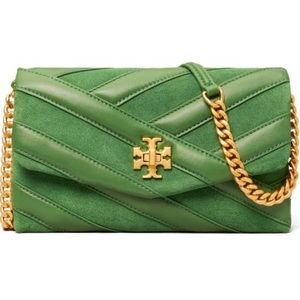 Tory Burch Kira Chevron Bombe Chain Wallet crossbody bag. Arugula